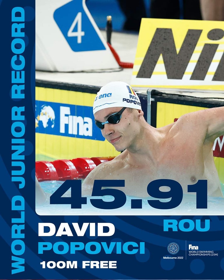 David Popovici și-a îmbunătățit recordul de juniori la Mondiale, la 100 metri liber